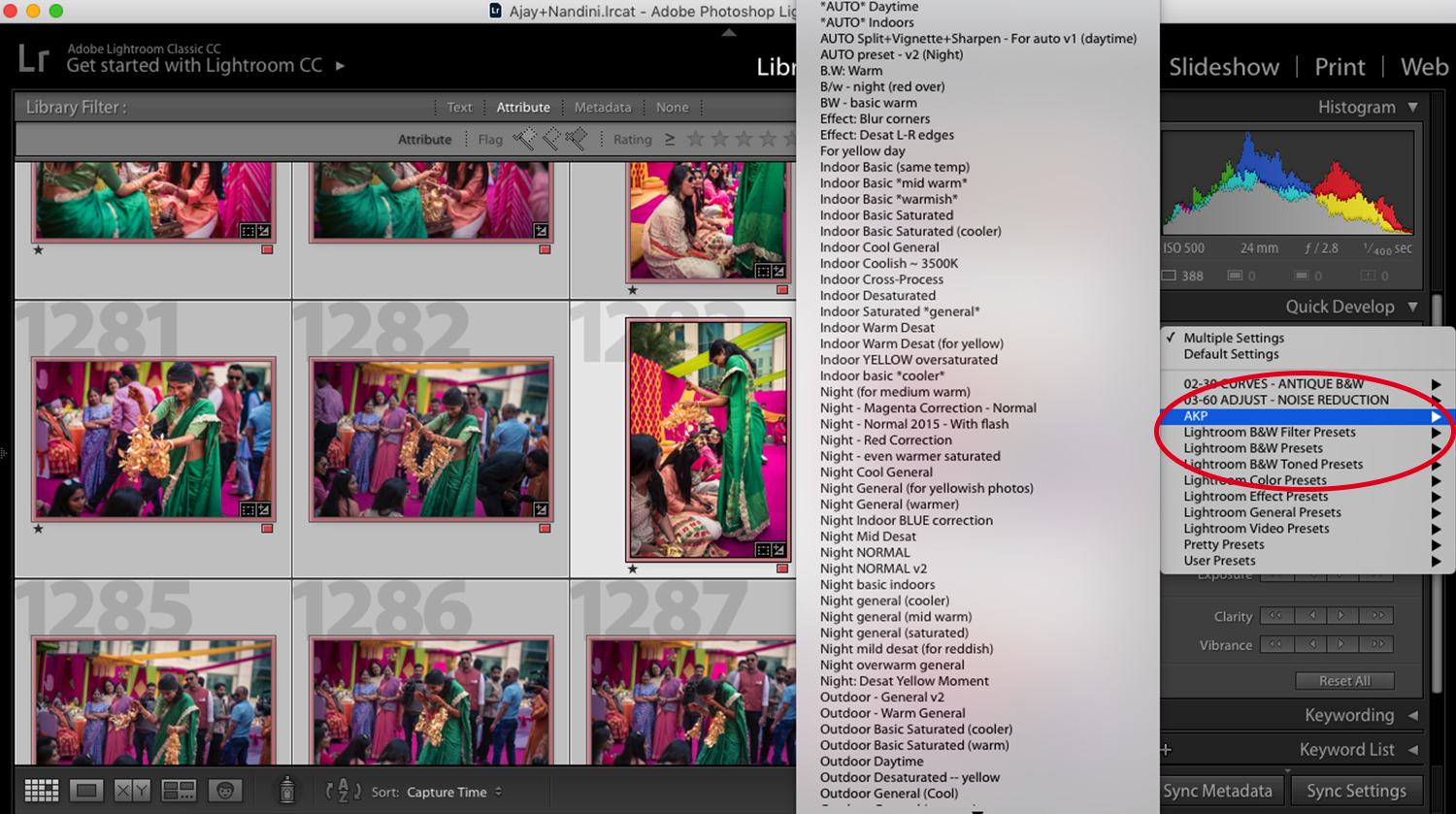A screenshot of our Lightroom catalogue showing our presets for images.