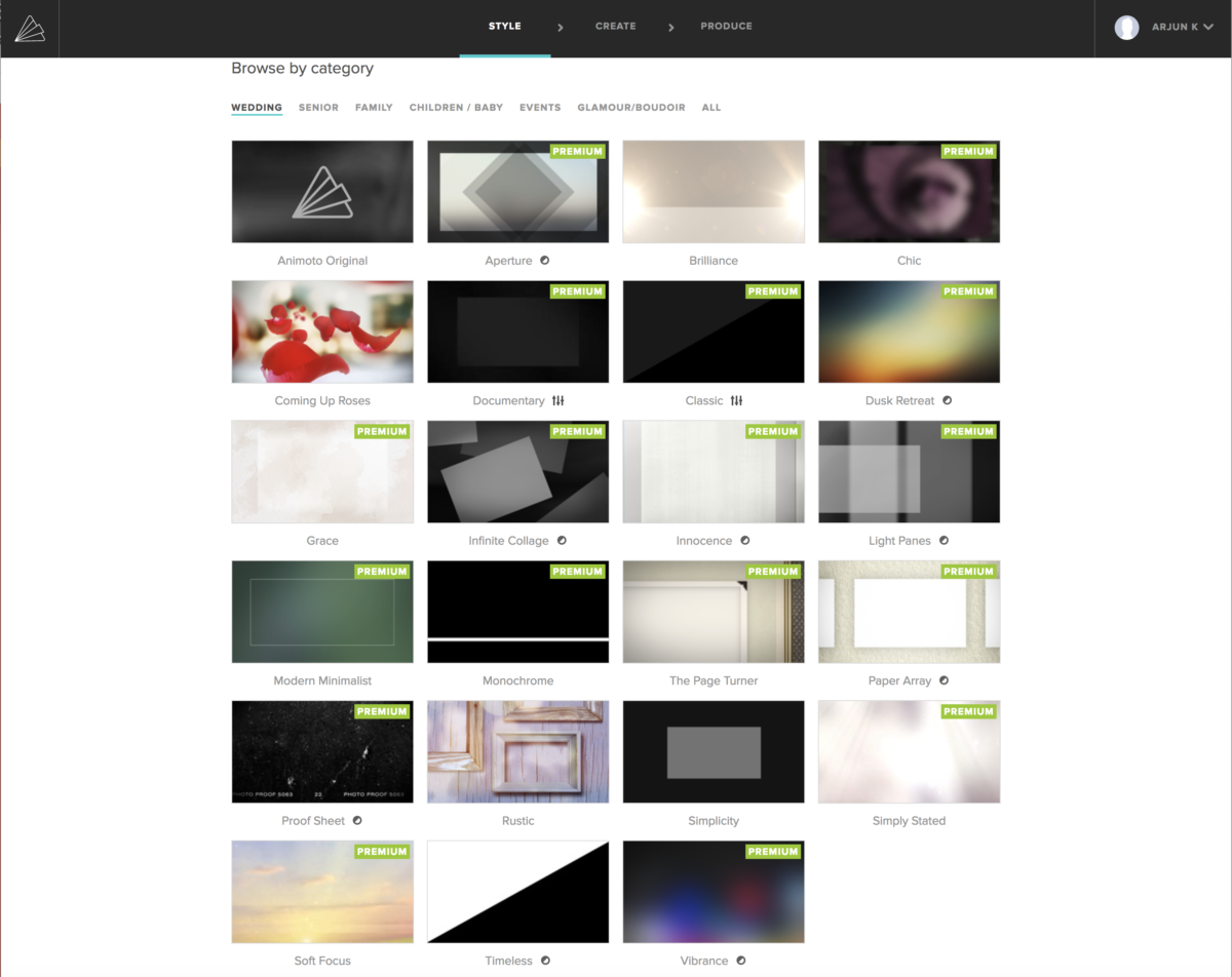 A screenshot of different templates Animoto provides.