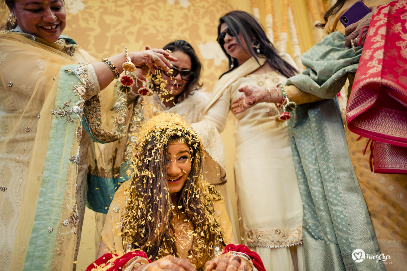 Indian bride haldi in a Delhi wedding in the Trident hotel.